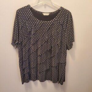 Women's CJ Banks Blouse, Size 1X, Black White polka dots, Ruffled front, Ex Con!